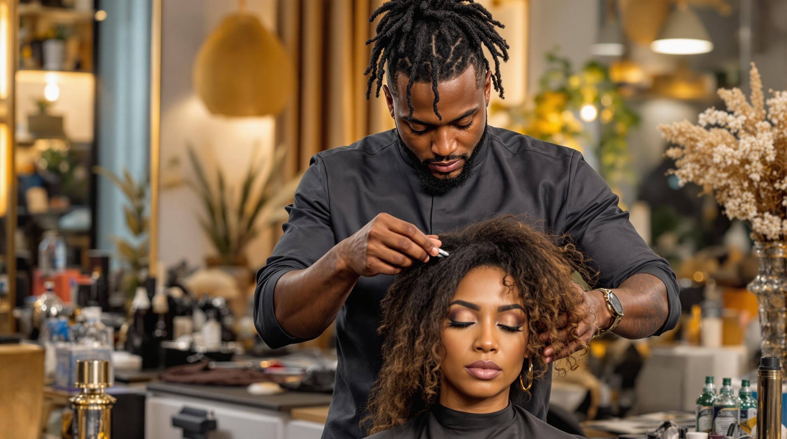 King Tea styling a client's hair